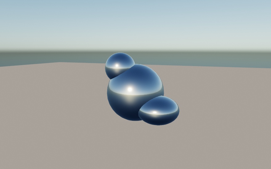 Three chrome balls resting together on a sunlit gray floor under a clear blue sky, their surfaces reflecting the sky's gradients and each carrying a small bright point of the sun