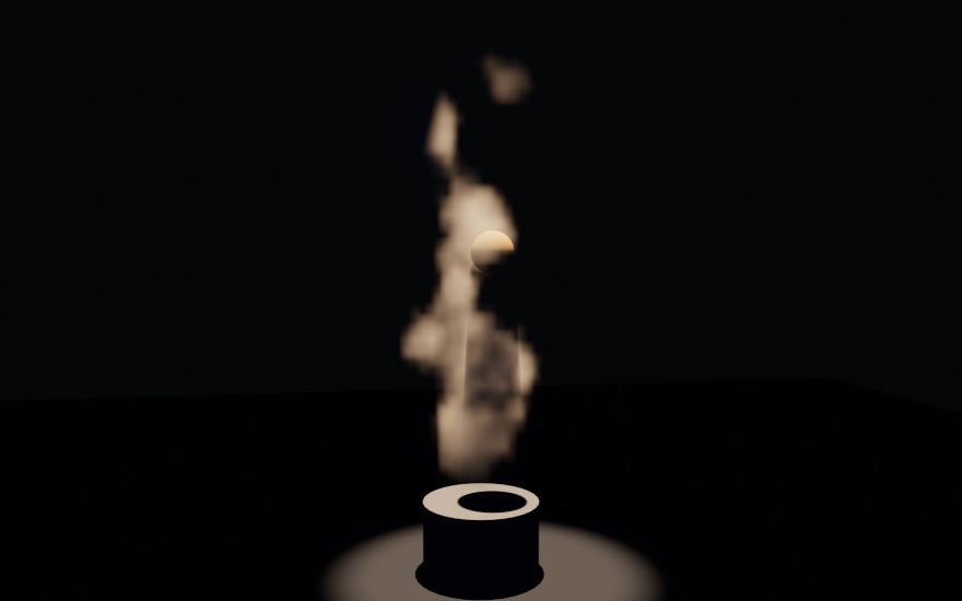A column of pale smoke rising from a dark stone pedestal under a lamp straight above it. A small tan ball hangs inside the column, part of it veiled by the smoke in front, and its shadow cuts a dark shaft down through the smoke to a dark disc on the pedestal's top