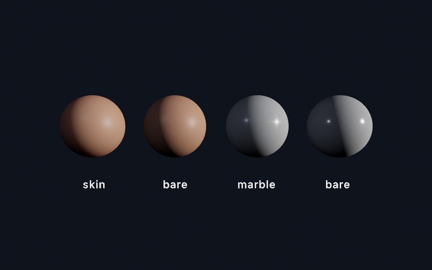 Four balls under one hard side light, labeled skin, bare, marble, and bare. The skin ball's shadow side keeps a soft warm glow past the terminator where its bare twin cuts to black; the marble ball softens the same edge in near-neutral gray next to its crisper bare twin
