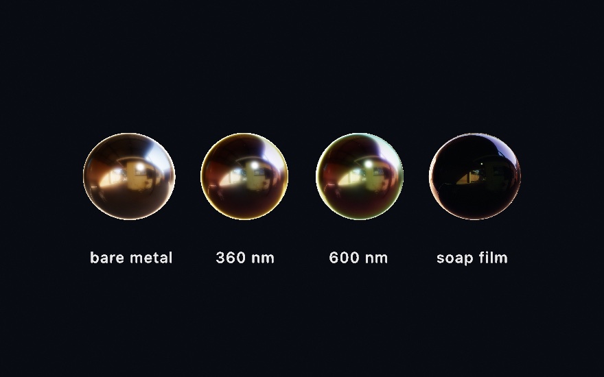 Four spheres in a row labeled bare metal, 360 nm, 600 nm, and soap film. The bare metal is a neutral mirror of a warm room; the 360 nm ball shows a violet and gold band around its edge; the 600 nm ball turns green at the top and red below; the soap film ball is dark and see-through with a colored rim