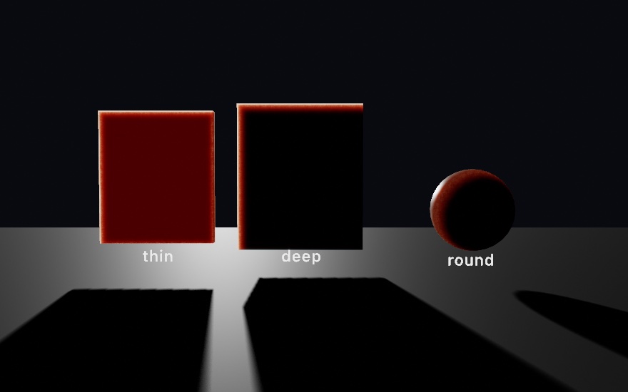 Two upright skin slabs and a ball, lit from behind so their dark sides face the viewer. The thin slab glows deep red across its whole face, the deep slab stays black except for a warm rim at its edges, and the ball carries a red crescent where its edge thins