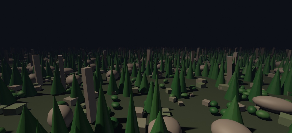 A low flying view over a dark foggy plain crowded with low-poly pines, shrubs, boulders, and pale standing stones, the nearest solids crisp and shadowed and the horizon dissolving into darkness