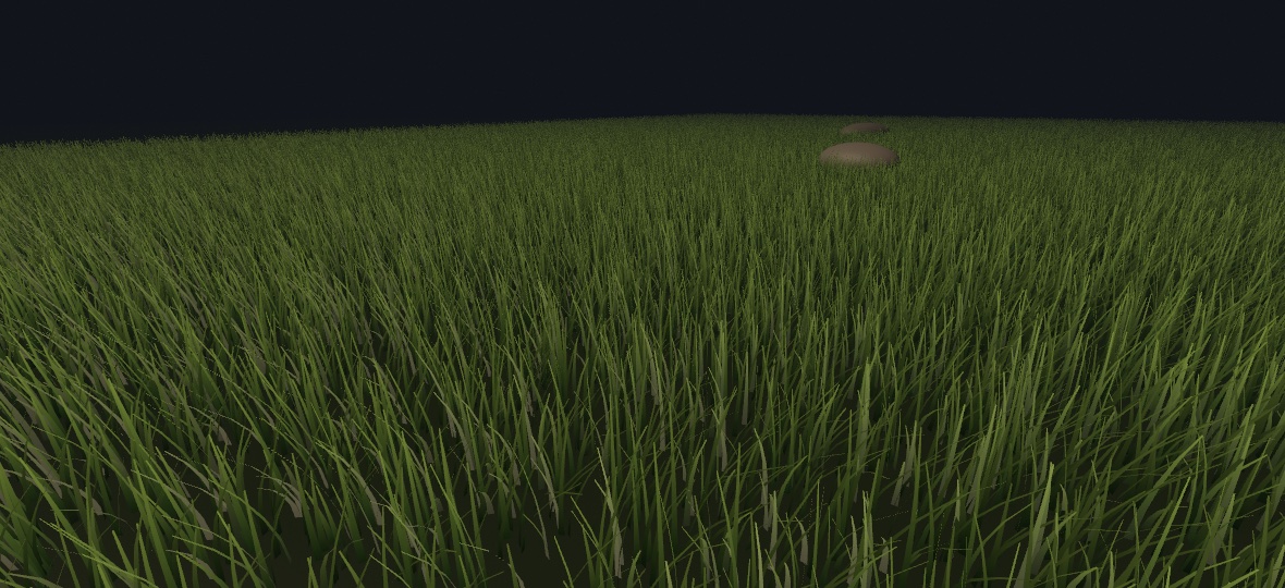 A dense meadow of individually curved grass blades in deep greens, each catching the warm key light differently, with tan boulders half-buried among them and the field dimming into darkness at the horizon