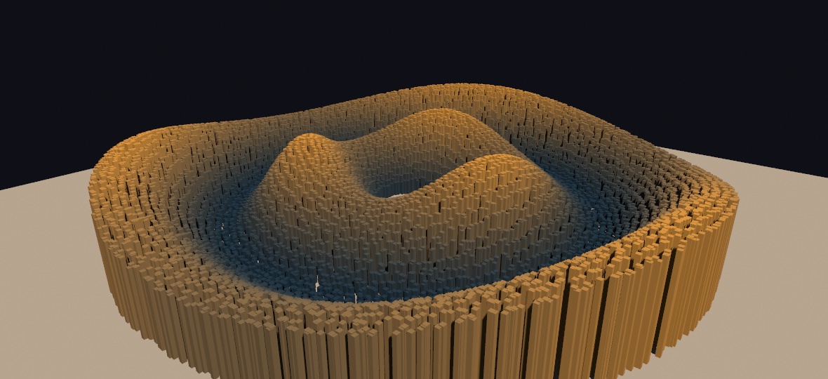 A dense circular field of thousands of slender box pillars rising and falling with a traveling wave, colored deep blue in the troughs and warm amber at the crests. Light comes from behind the viewer on the right, and the field stands on a pale floor