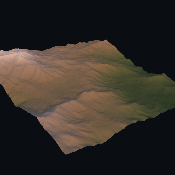 The eroded terrain standing up as a lit 3D mesh in warm low sunlight, green in the valleys and pale on the ridges, with the carved drainage lines visible across it