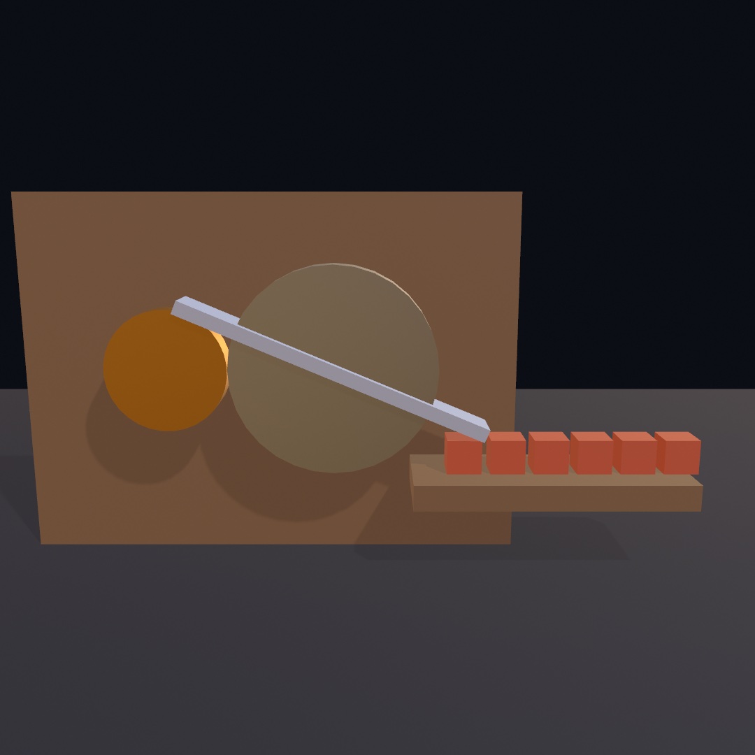 A wooden panel carrying two touching wheels, a small orange one and a larger gray one, with a long steel bar fixed across the larger wheel sweeping a row of six red crates along a shelf, lit from above with soft shadows on a dark floor