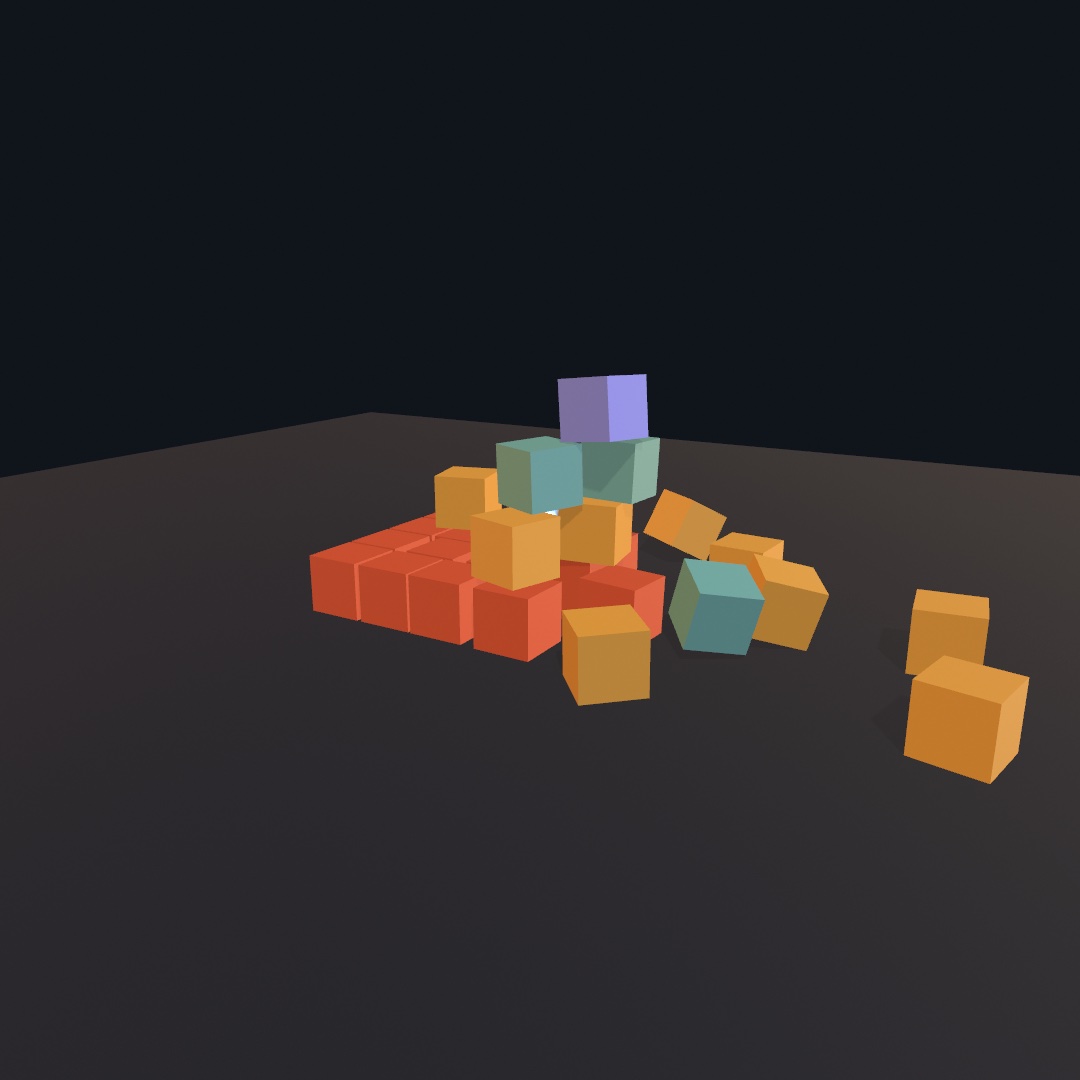 A pyramid of colored crates caught mid-collapse on a dark floor, crates tumbling and skidding away to the right, the topmost purple crate still in the air