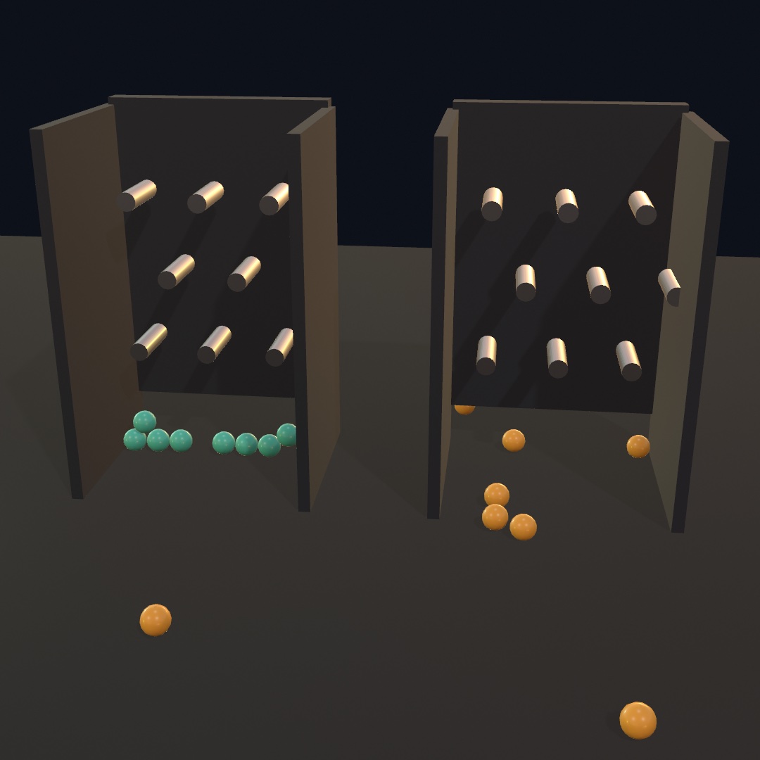Two identical pin boards standing in open-fronted bins. At the foot of the left board the teal beads lie in one flat row at the same depth, one resting on the others. At the right board the amber beads are scattered: a few still in the bin at different depths, the rest out on the open floor in front of it