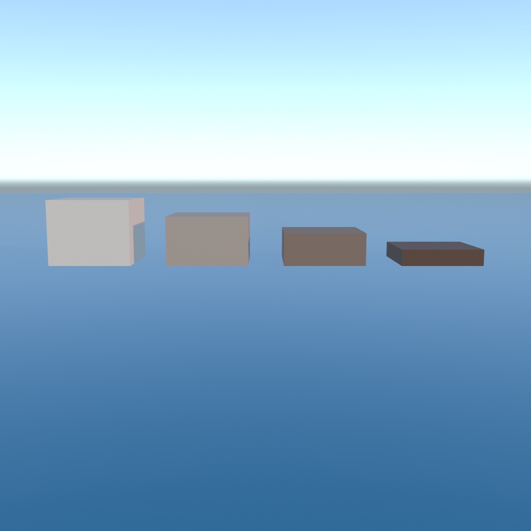 Four cube crates floating in a row on still blue water, each sitting lower than the one before it, from a pale crate mostly above the surface to a dark one with a fifth above it
