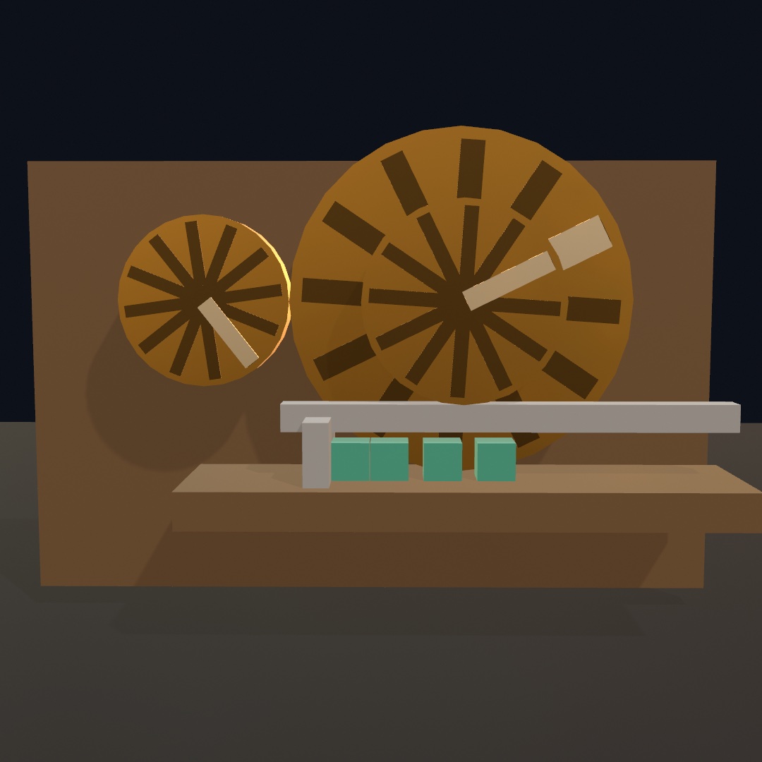 A small wheel touching a wheel twice its size, rim to rim, on a timber back plate. Each wheel has one pale spoke, and the two are at clearly different angles. Below them a steel bar has slid to the right and pushed four teal blocks into a bunch at the end of their shelf