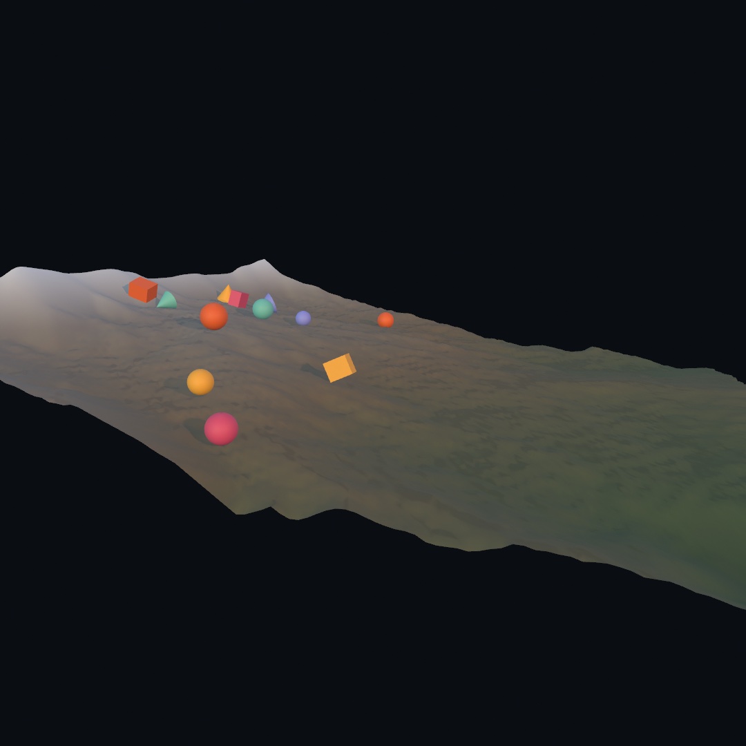 Brightly colored rocks, spheres, boxes, and cones, spread mid-slide down a pale eroded mountainside, a gold box caught mid-tumble, green scrub at the foot of the slope