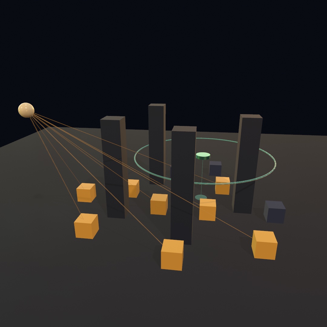 A dark yard of orange crates and four tall pillars, a pale lamp at the upper left with thin beams reaching the crates it can see, two crates behind the pillars left dark blue, and a small teal drone hovering inside a wide teal ring with a probe line down to a disc on the floor
