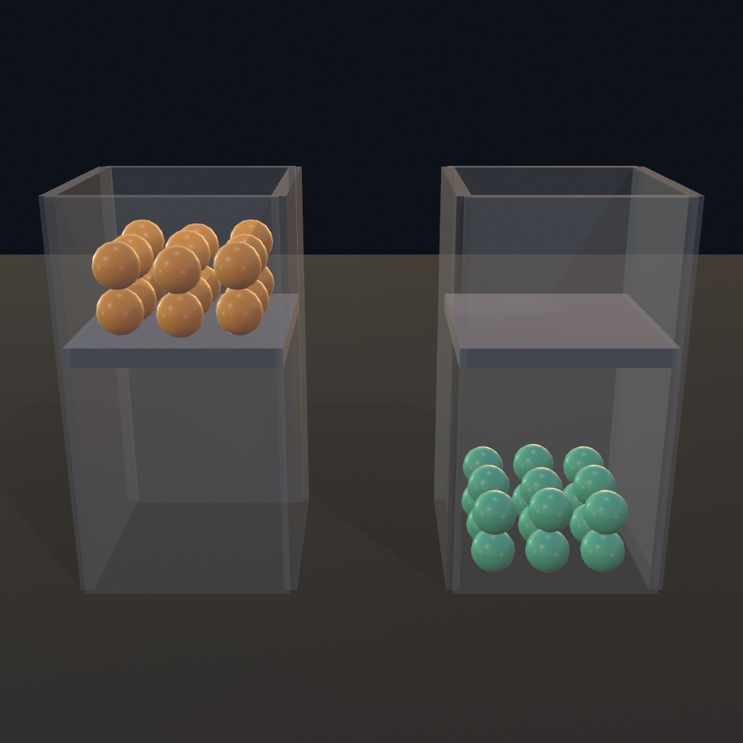 Two glass tubes side by side, each with a solid horizontal shelf across the middle. In the left tube a pile of amber beads rests on top of the shelf; in the right tube the same number of teal beads has fallen straight through it and lies on the floor below