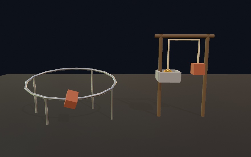 Two machines side by side. Left, a cart banked into the bend of an oval wire track on thin posts. Right, a timber frame: a rope runs up from a tray holding a brass ball, across the beam, and down to a counterweight, the two passing each other at the same height