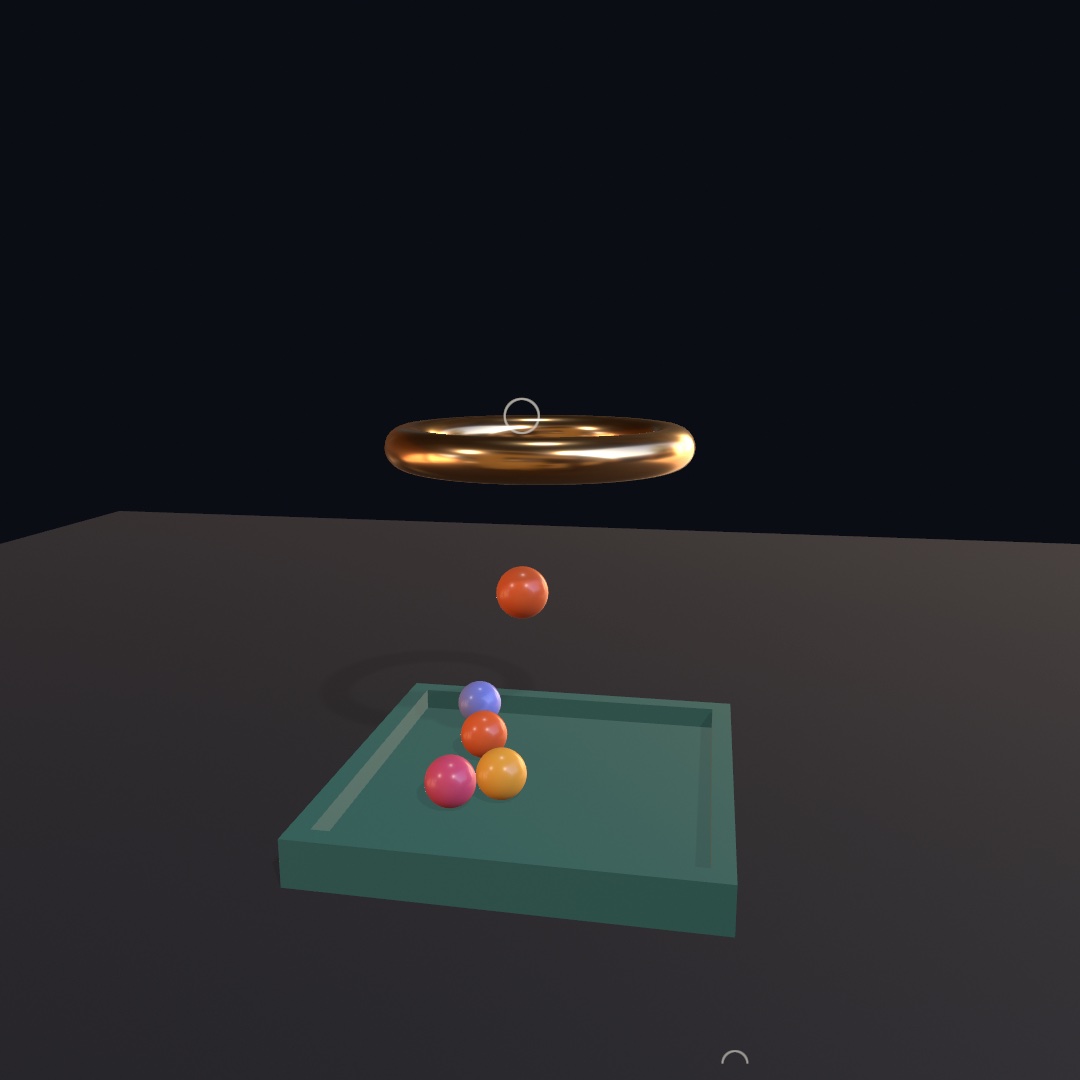 A gold-lit ring floating above a teal tray on a dark floor, one orange ball falling away below the ring, four balls resting in the tray, and a thin white circle marking a knock on the ring's rim