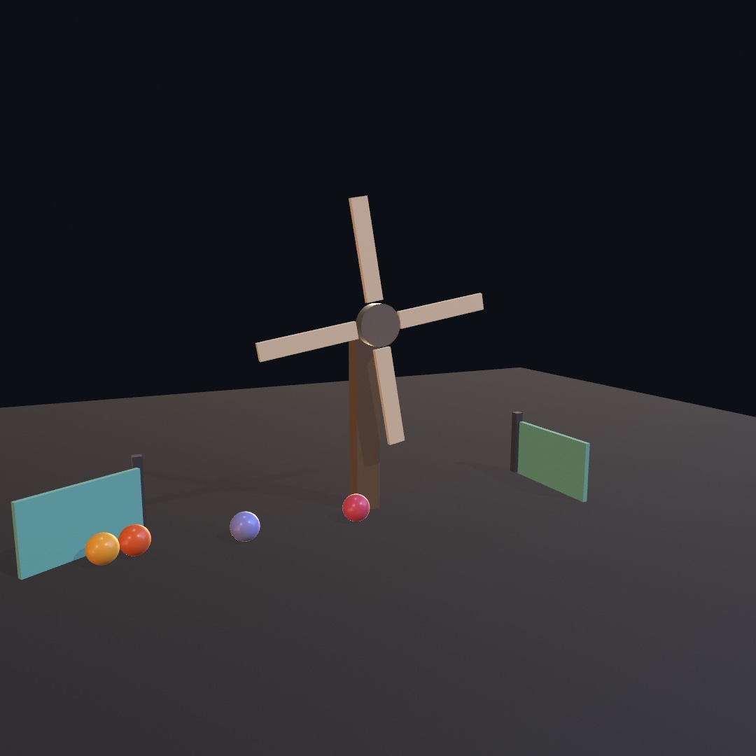 A four-bladed windmill mid-turn on a dark ground, four colored balls on the floor, and a low swing gate on either side, the left one swung open with two balls against it