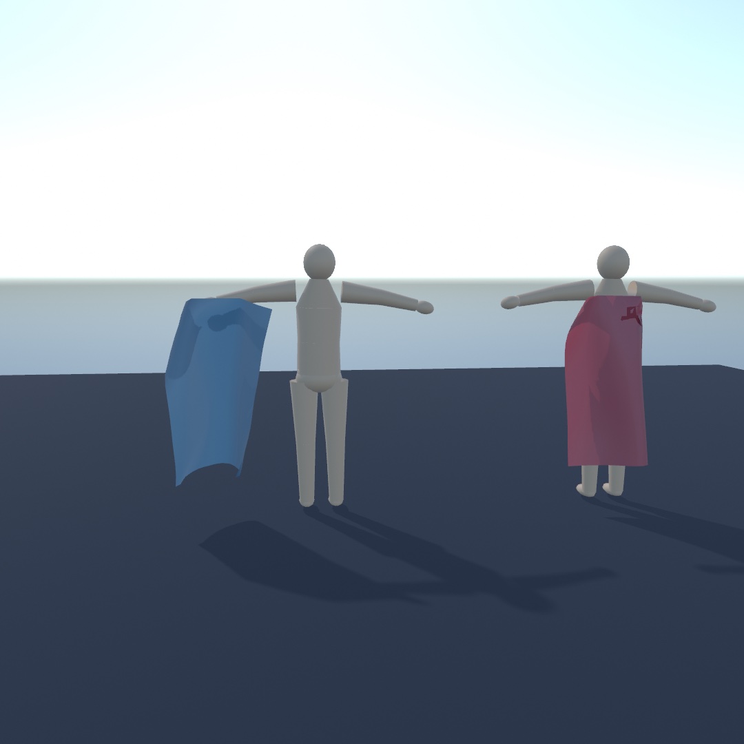 Two identical figures carried sideways in the same pose, each with a cape: the left cape hangs where it was hung while its figure moves away from it, the right one is still on its figure's back