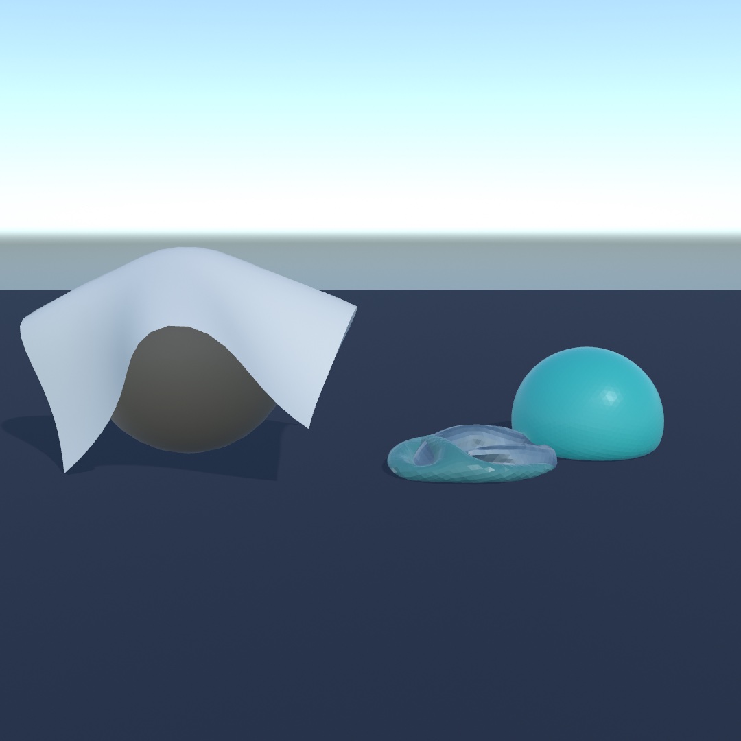 A pale sheet draped over a sphere on a dark floor, beside two teal balls: the left one slumped flat, the right one round