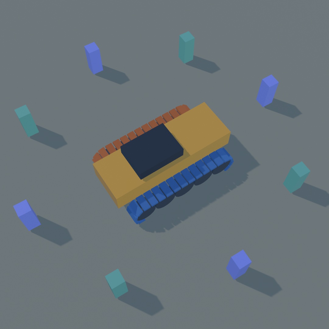 A yellow tracked machine seen from above, standing among a ring of eight colored posts and turned at an angle to them, its far track drawn in orange and its near track in blue