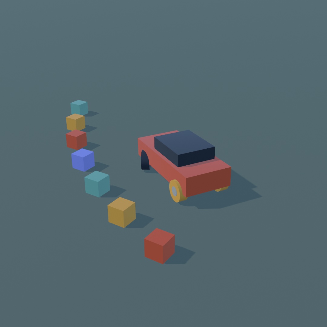 A red car sliding sideways through a corner marked by a curve of colored cubes, its front wheels turned into the turn and a rear tire glowing yellow where it is spinning