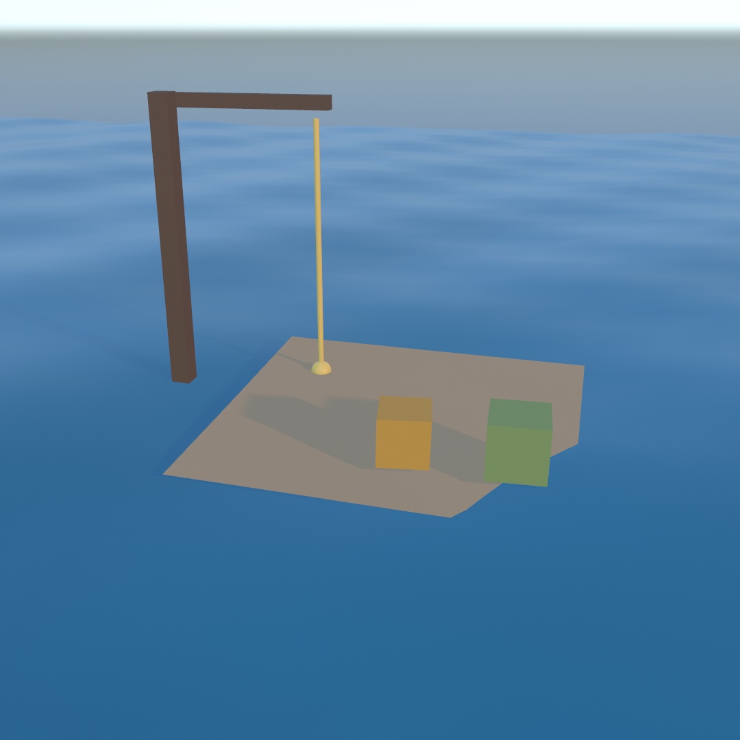 A flat cloth raft floating on a calm sea carrying two crates, a sounding line hanging from a post above it and landing on its deck