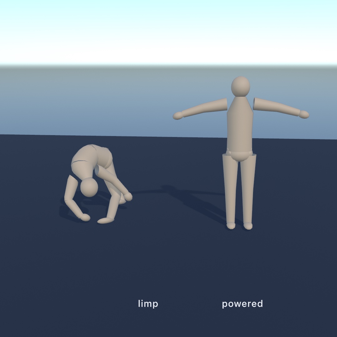 Two identical figures dropped onto a dark floor: the left one lies sprawled on its back, the right one stands upright with its arms out
