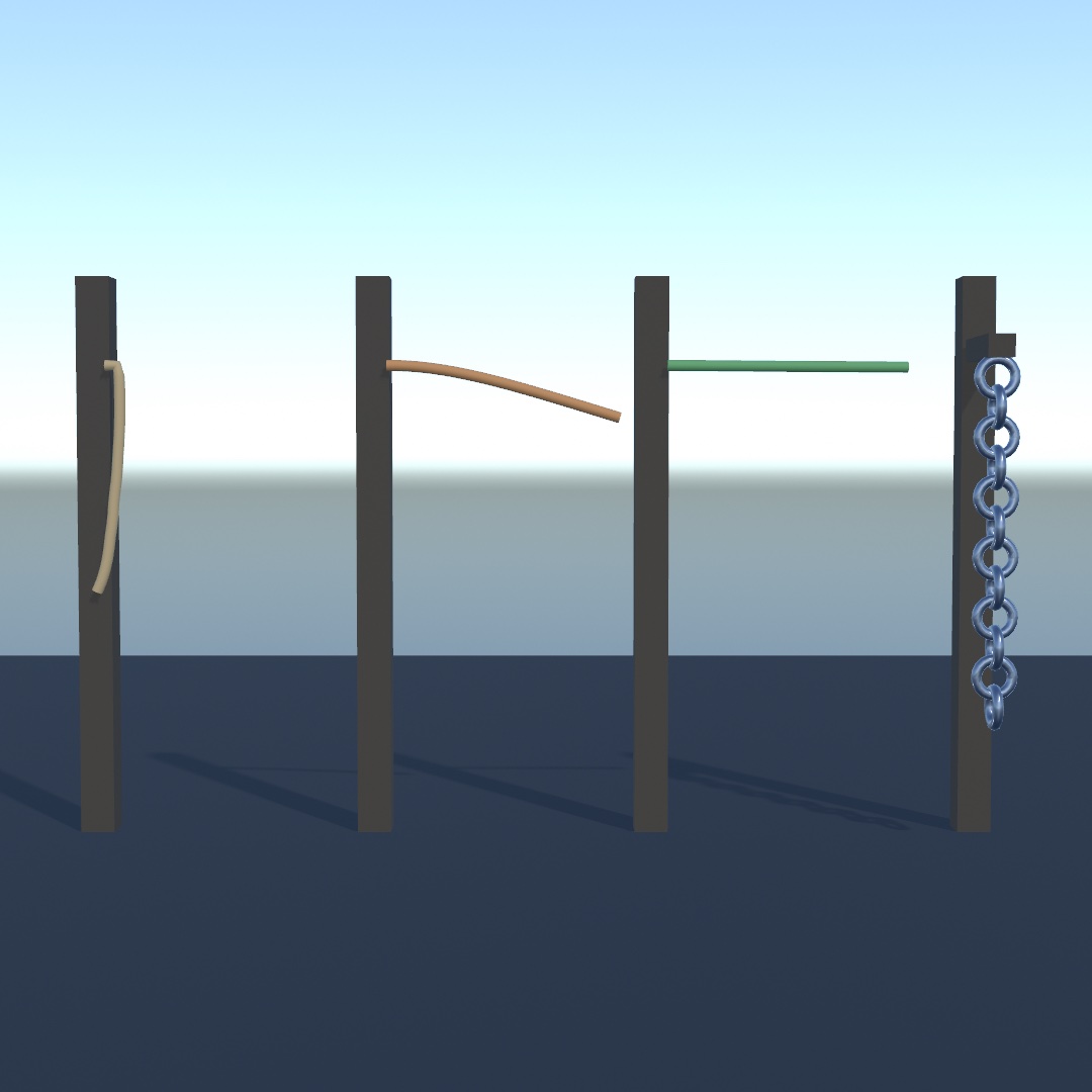 Four lines on four posts: the first has folded straight down, the second droops in an arc, the third holds itself straight out, and the fourth hangs as a chain of interlocking links