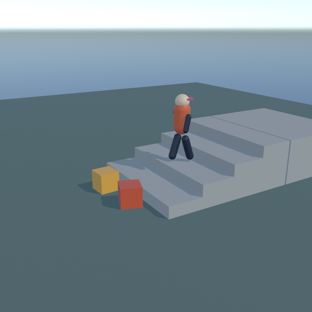 A small orange figure with a pink cap brim mid-stride on the second of four pale steps, legs apart in a walking pose, two crates it has shouldered aside sitting on the slate-gray floor beside the stair