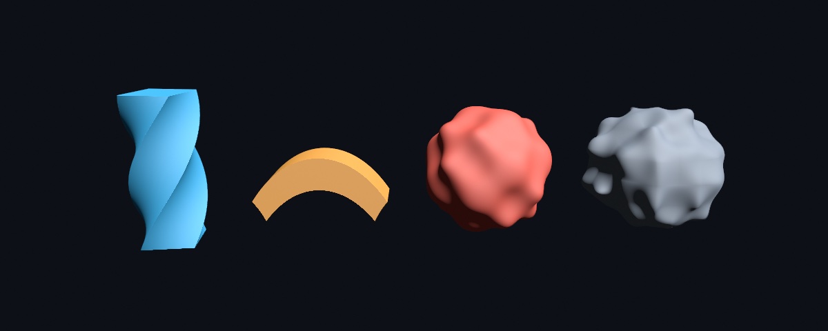 Four forms in a row on a dark background: a blue square column whose faces spiral as it rises, an amber bar bent into an arch, a coral sphere covered in evenly spaced, rounded bumps, and a gray sphere roughened into a lumpy rock