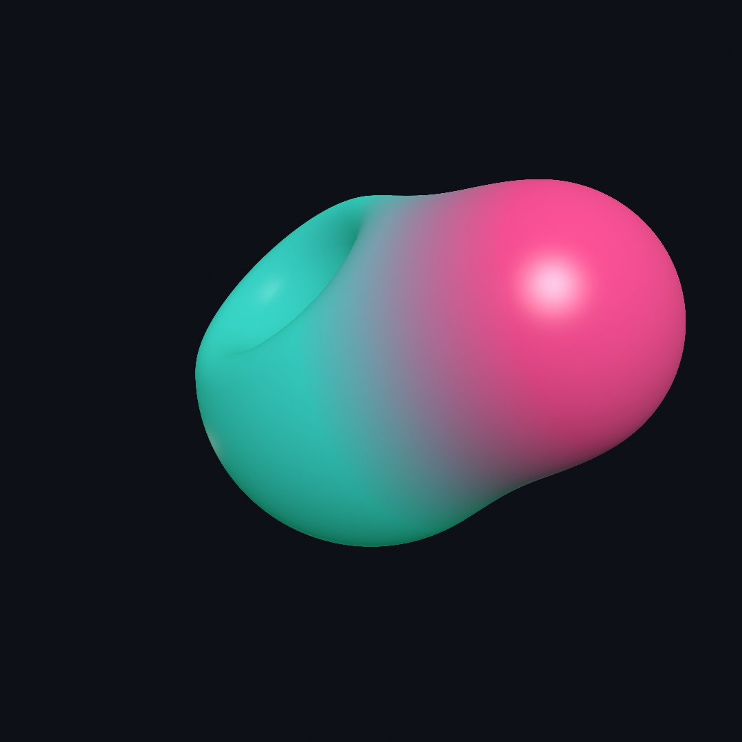 Two spheres melted into a single teal-to-pink body with a smooth crater carved into its upper left, shaded like polished jade