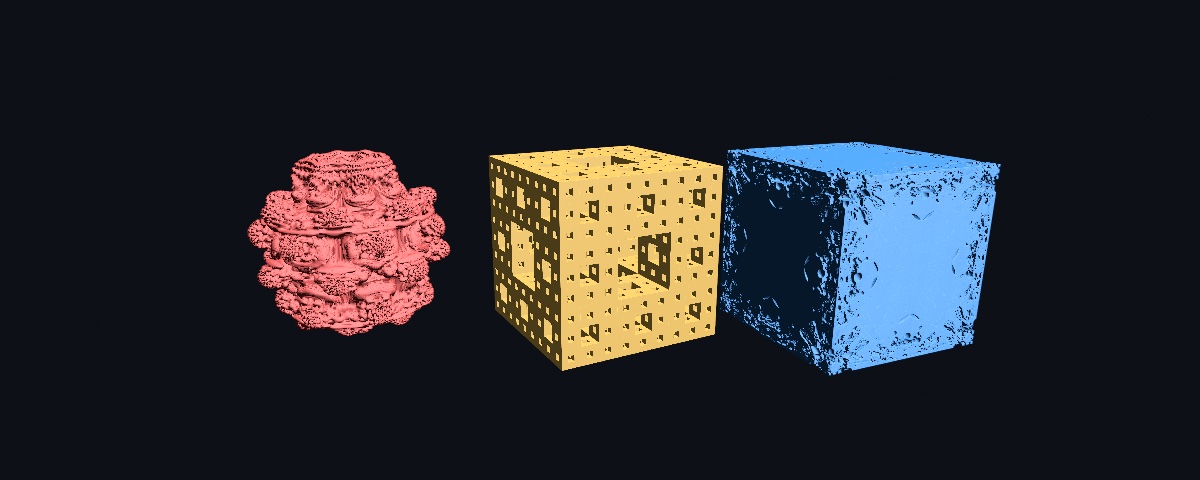 Three fractal solids in a row under one light: a red Mandelbulb with its lobed, cauliflower skin, a yellow Menger sponge with square holes through every face, and a blue Mandelbox, a cube whose faces carry a deep carved relief