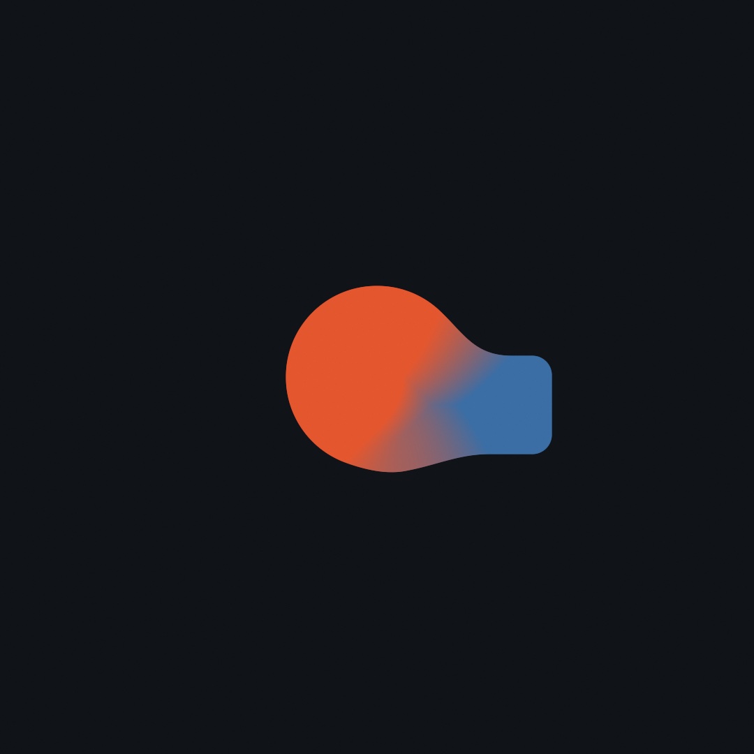 An orange circle joined to a smaller blue rounded rectangle on its right by a smooth, curved neck, the orange shading into blue across the seam, on a near-black canvas