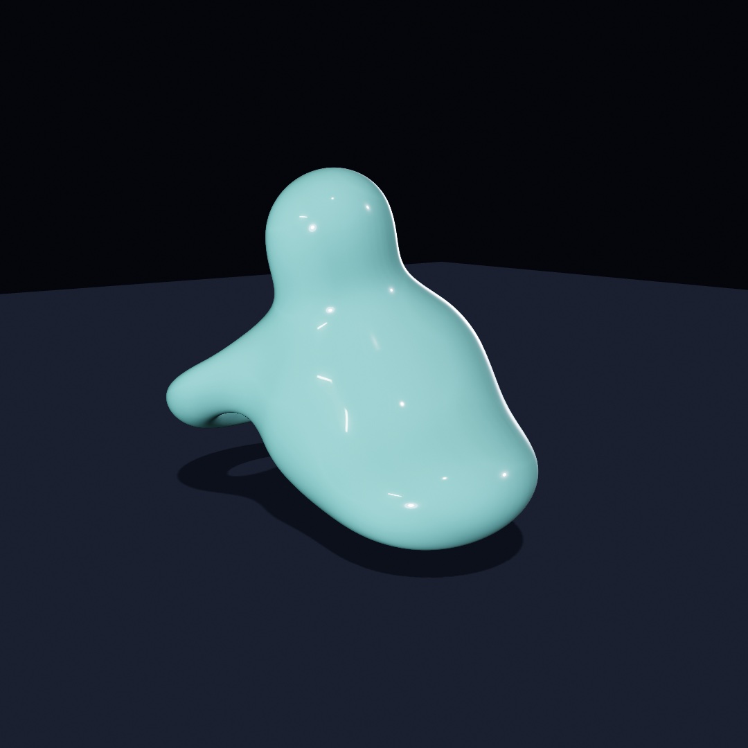 A pale mint sculpture like a settling drop of glaze, glossy under studio light, one lobe drooping toward a dark floor that catches its soft shadow