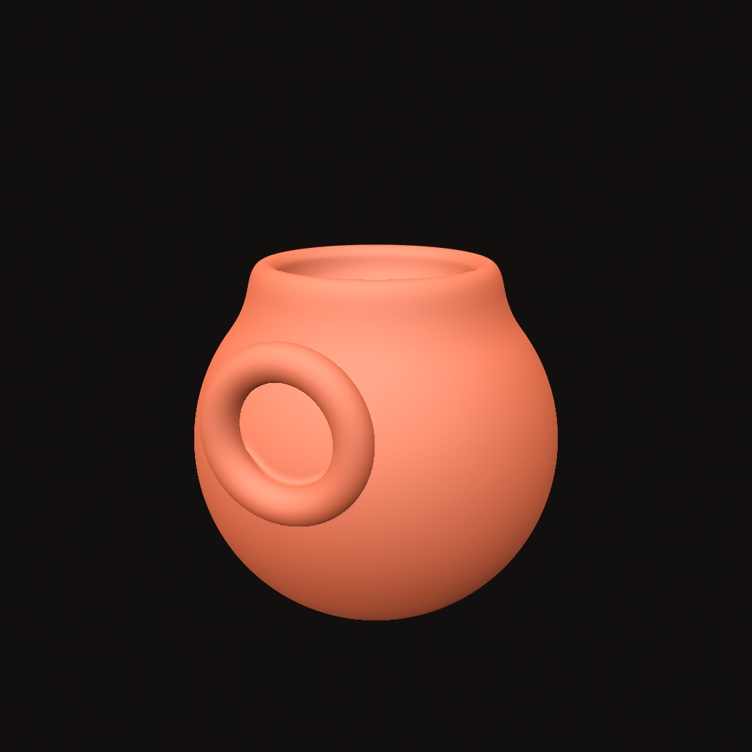 A round terracotta vessel with a melted-on lip, a hollowed mouth, and a crisp ring pressed flat onto its front, built from spheres and tori inside a sculpt block