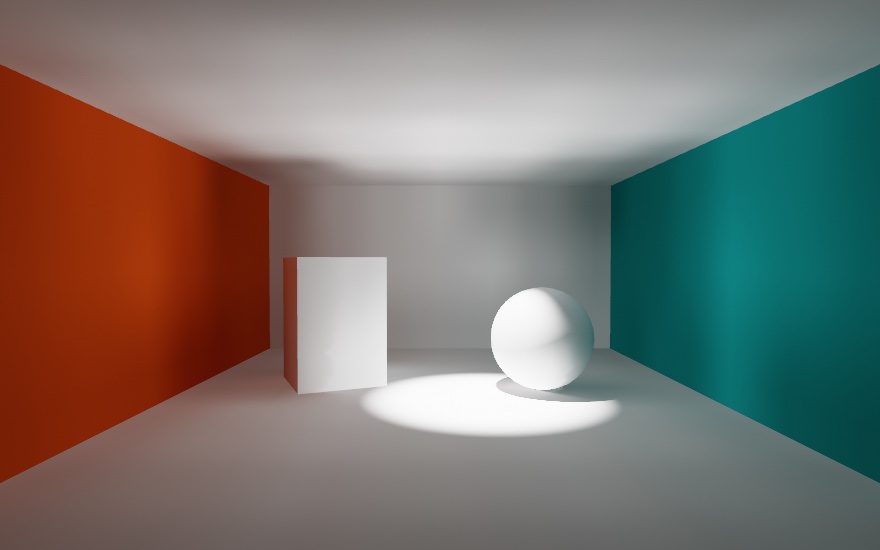 A room with an orange left wall, a teal right wall, and white floor, ceiling, and back, holding a white box and a white sphere. The only light is a spot shining down on a pool of floor and one side of the sphere, but the whole room is softly lit: the ceiling glows from below, the walls carry their colors into the room, and the sphere's shadow side is filled with pale floor-light