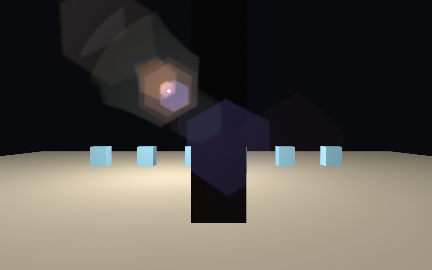 A dark room with a small bright lamp up and to the left. Coral and lavender hexagons nest on the lamp. A violet-blue hexagon sits down and to the right of it, toward the middle of the frame, lying across a near black slab. Larger, fainter hexagons trail off both ways along the same line