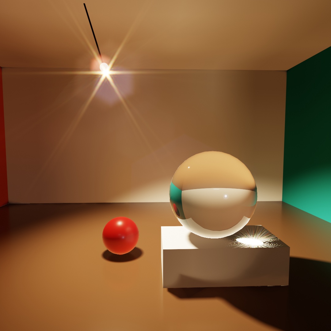 A room lit by one pendant lamp that flares in the lens: a waxed brown floor, a terracotta wall and a teal one, a glass ball on a white plinth focusing the lamp into a bright spot inside its own shadow, and a red ball beside it