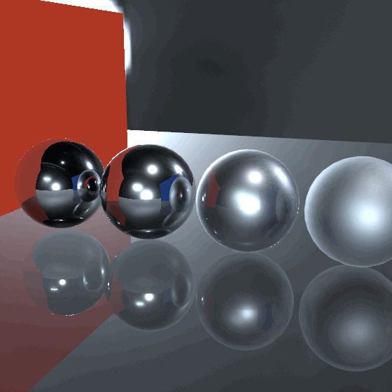 A satin metal floor beside a red wall, with a blue wall out of frame to the right and four balls from mirror to nearly matte, from a camera that never moves, switching between one mirror ray and the spread lobe every two seconds. With one ray the floor holds a sharp image of the balls and fades to gray; with the lobe the reflections are soft, the red wall's color spreads across the floor, and the two rougher balls take the room's colors