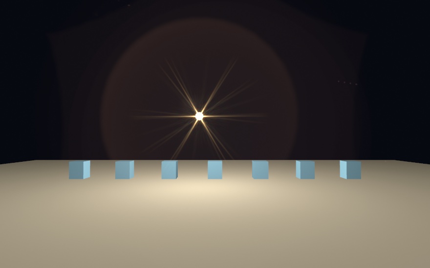 A dark room with a small bright lamp above a row of pale blue blocks. Six golden arms reach out from the lamp around a blown-out core, each a frayed pair of fine lines. A large faint round disc sits centered on the lamp inside a wider rounded veil, and a short row of faint dots lies to the upper right