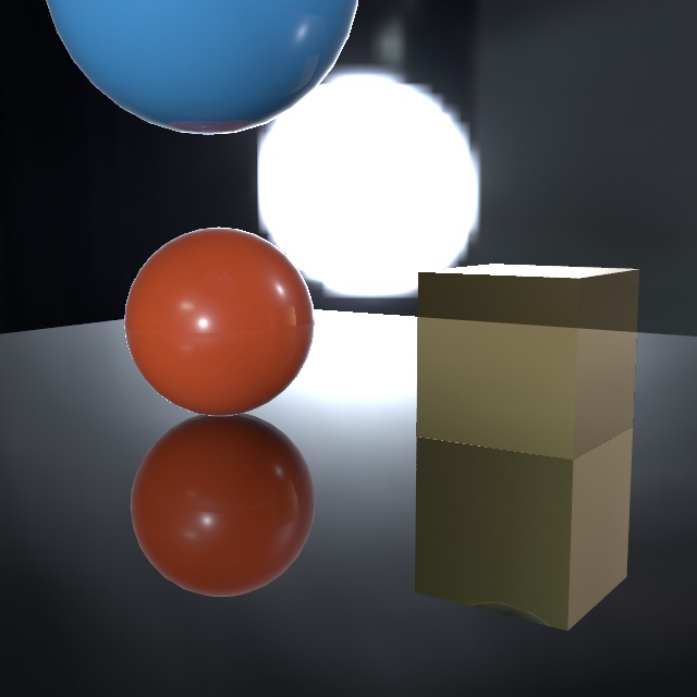 An orange sphere and a pale box on a nearly polished dark floor under studio lighting, with a blue sphere overhead cropped by the top of the frame. Both floor reflections are sharp, and the sphere's shows its underside down to where it touches the floor