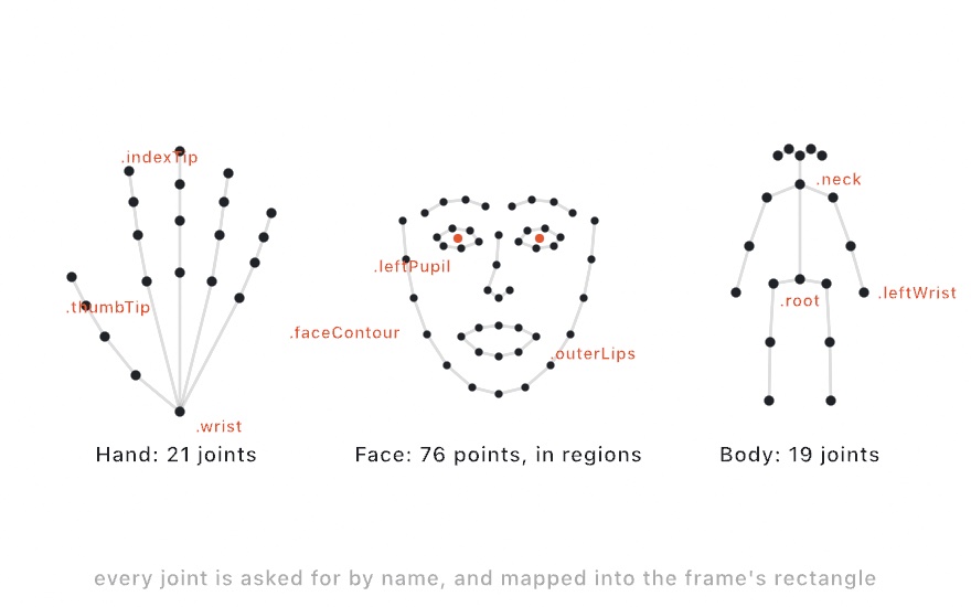 Three panels: a hand skeleton of 21 dots wired finger by finger, a face of 76 dots grouped into contour, brows, eyes, nose and lips regions, and a body skeleton of 19 dots