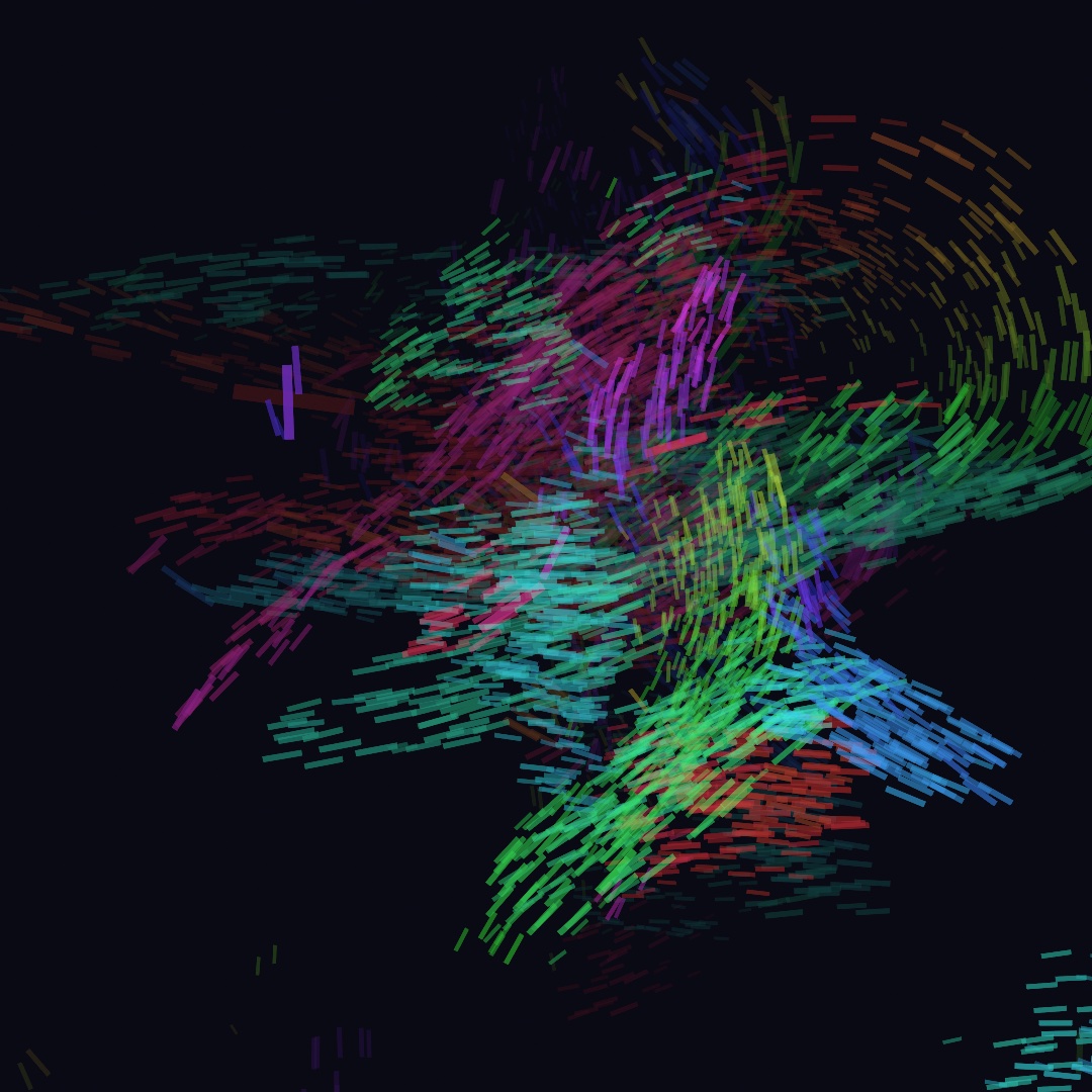 A dark canvas with thousands of short colored strokes in greens, magentas, cyans, blues, purples, reds and yellows, gathered into one large tangle across the middle where the picture moved, with the edges mostly empty