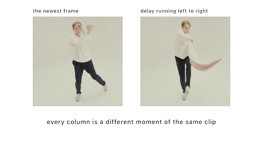 Two panels: the newest frame of a dancer with both forearms raised in front of the face, and the slit-scanned version of the same two seconds, where a hand has become a fan of pink slices sweeping out to the right
