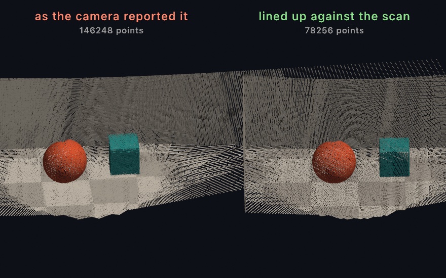 The same staged room fused twice side by side: on the left a blurred, doubled ball and a ghosted crate over a smeared checkered floor, on the right the same ball and crate crisp and single, the checker squares clean