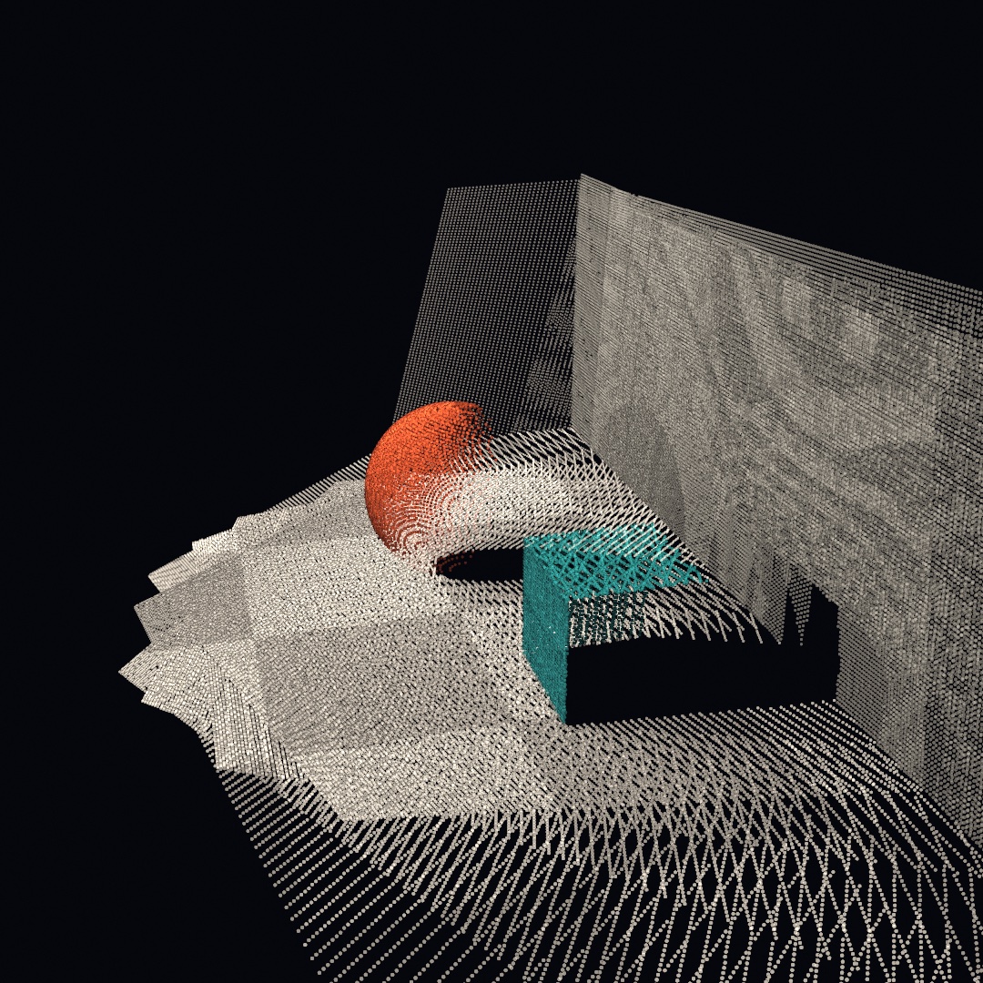 A room rendered as woven scan lines of glowing points: pale walls and floor, a coral ball, a teal crate, with dark voids where no camera has seen yet