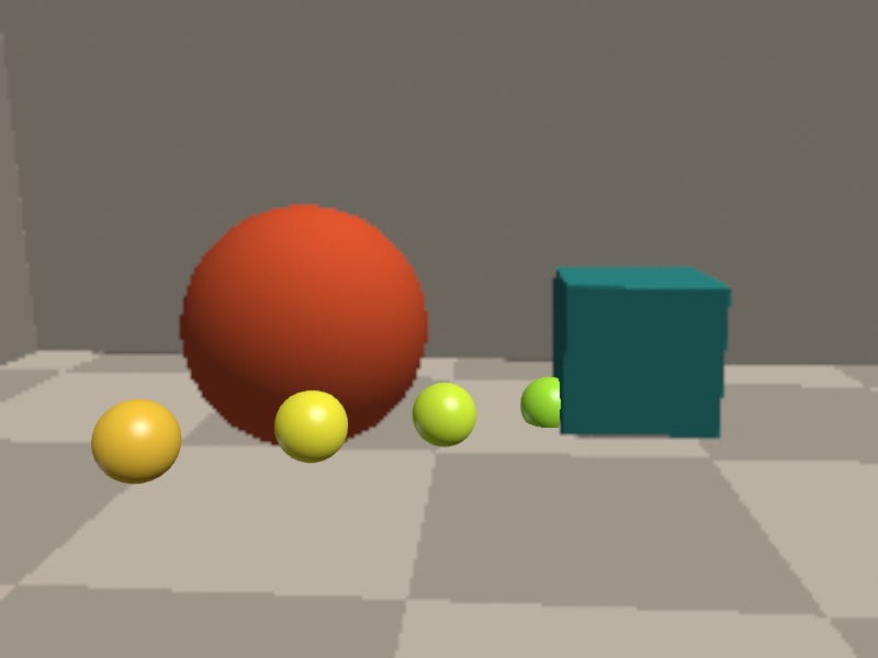 The staged room's color frame with six marbles placed into it in meters: three whole, one sliced in half by the crate's edge, and two hidden behind it