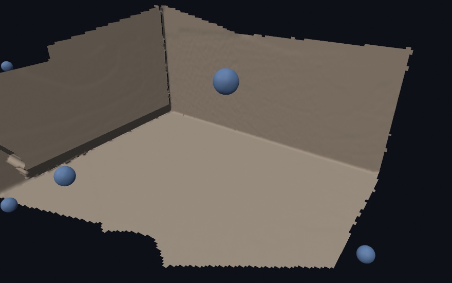 The staged room corner rebuilt as one solid plaster-like surface, the floor meeting two walls in a crisp crease, the sweep's camera positions floating as small blue spheres, the surface ending in a torn rim where the sweep stopped