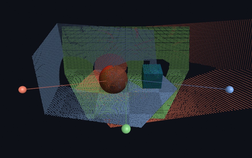 Three tinted captures of a room fused into one cloud, each camera position marked with a small sphere and sight line