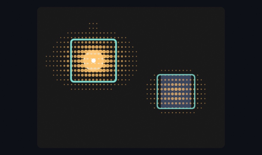 A staged attention reading on a dark panel: two peaks of warm dots, one strong over a bright lamp shape with a white bead at its center, one weaker over a dim poster shape, each with a rounded teal frame whose weight follows the model's confidence