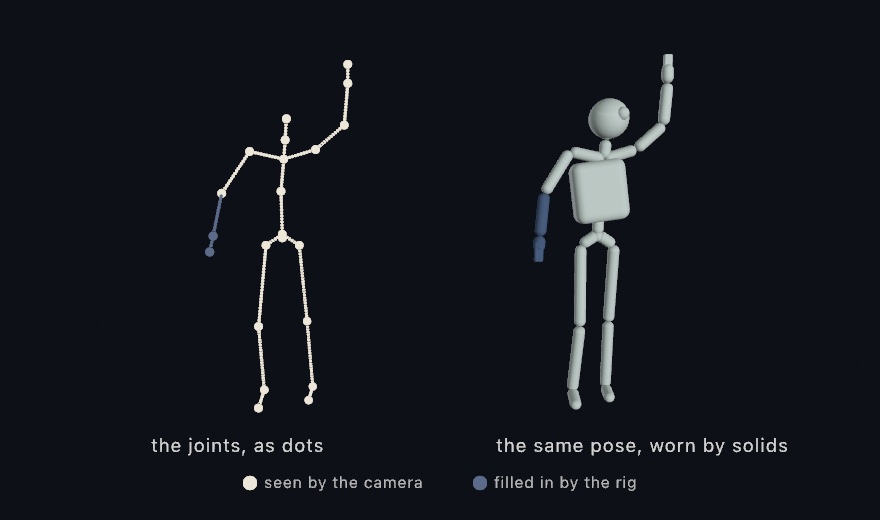 The same staged mid-stride pose twice: on the left as ivory dots and dotted bones with the left forearm's in blue, on the right as a solid mannequin with capsule limbs, a leaning torso box, and a turned head, its left forearm tinted blue